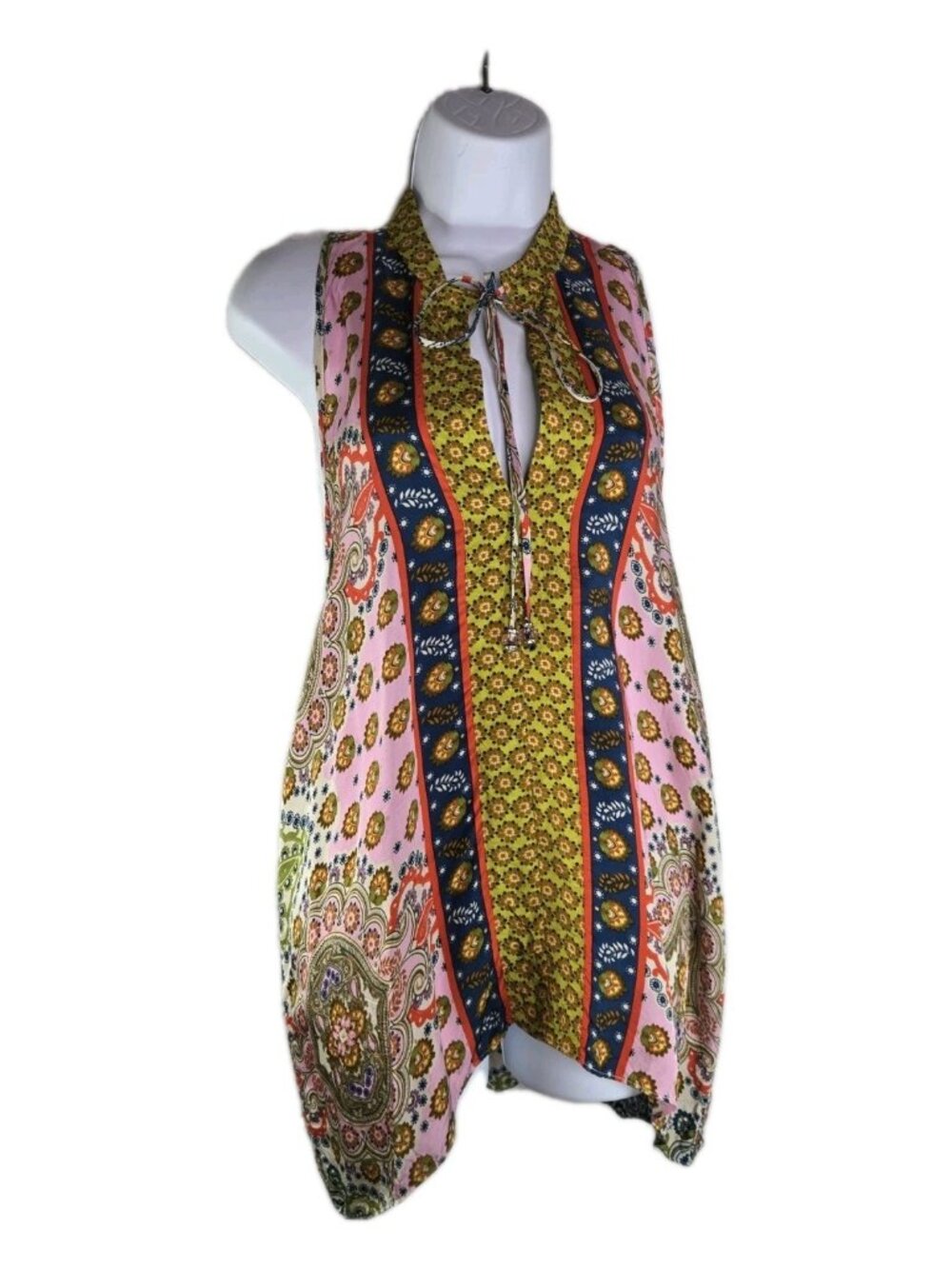 vtg Atina Cristina Sleeveless Paisley Mixed Print Floral Boho Resort Summer Top